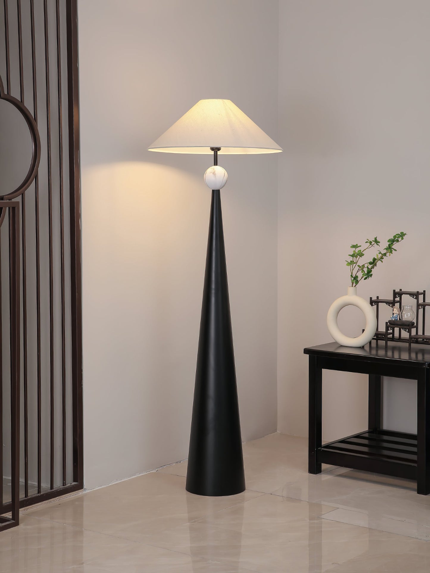 Innes Floor Lamp - Textured Black Iron & Marble Pattern Base with Cotton Shade