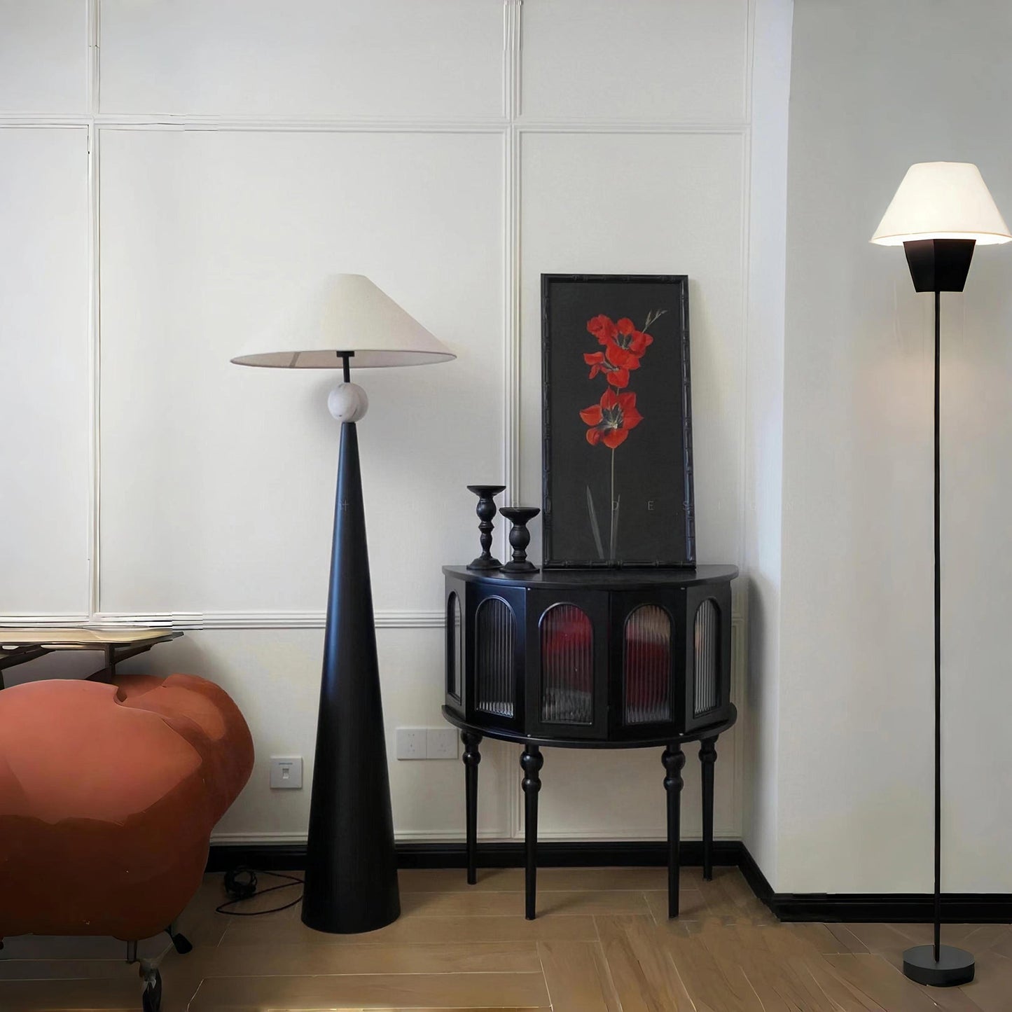 Innes Floor Lamp - Textured Black Iron & Marble Pattern Base with Cotton Shade