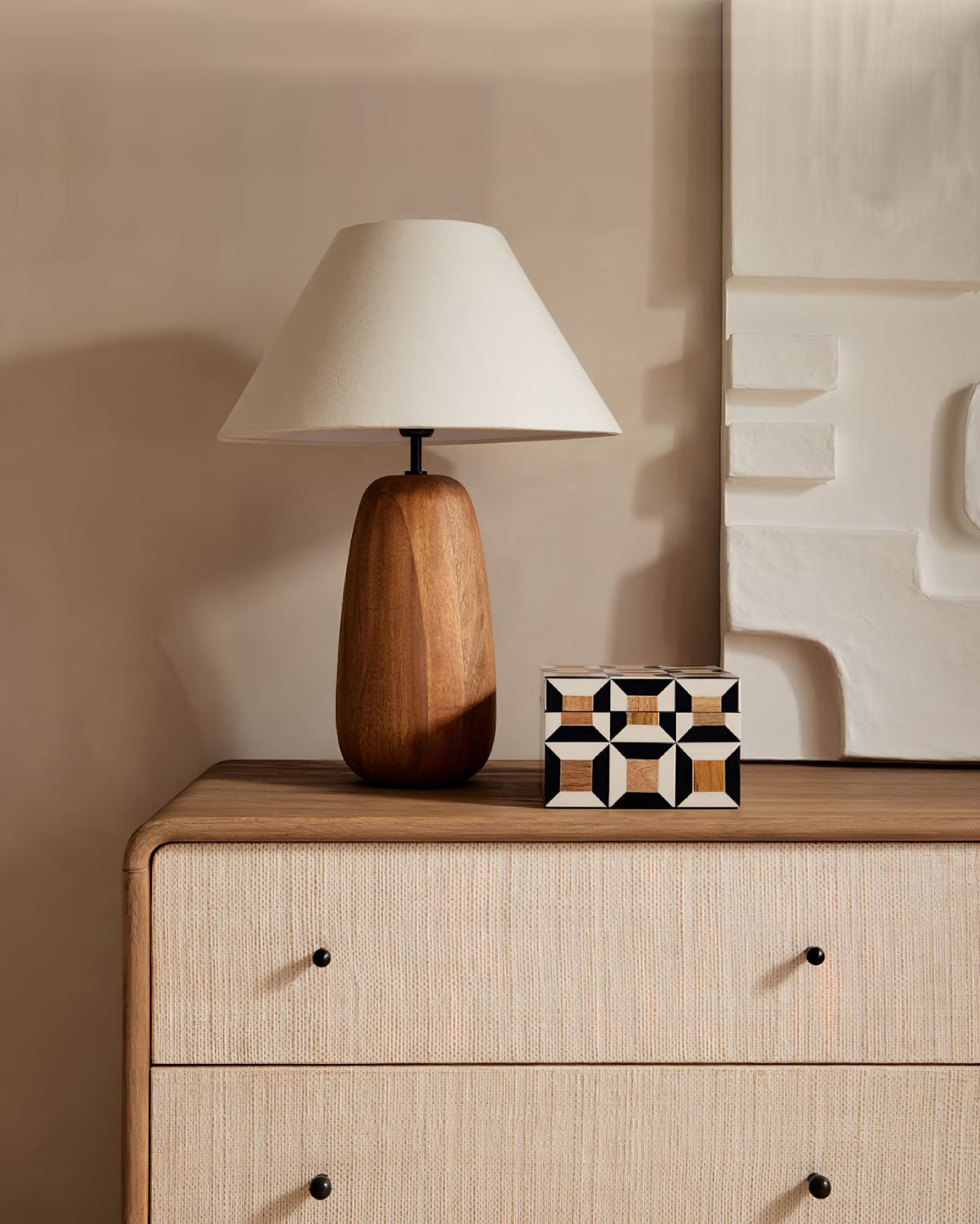 Irving Wood Table Lamp - Sculptural Organic Timber Base & Tapered Fabric Shade Accent Light