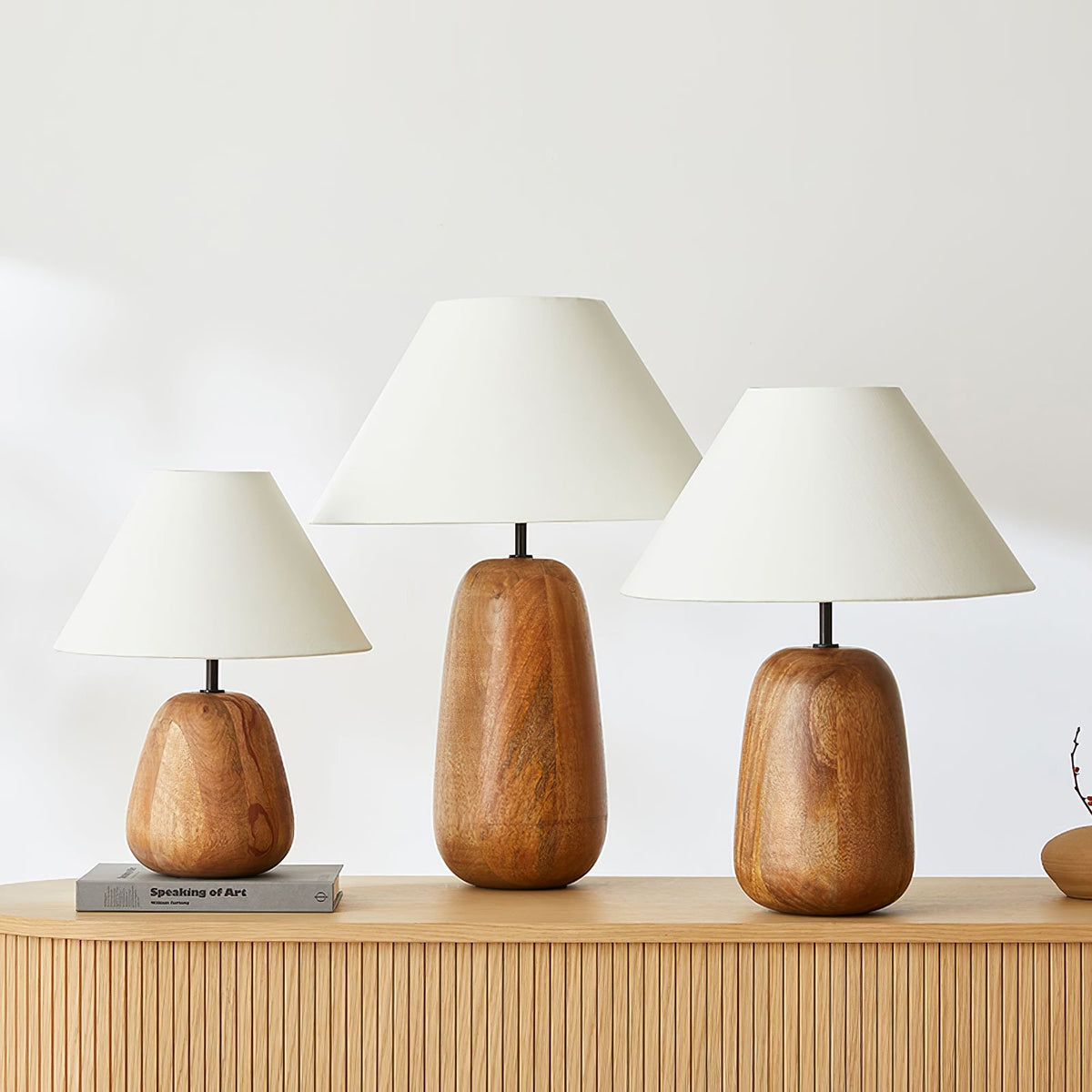 Irving Wood Table Lamp - Sculptural Organic Timber Base & Tapered Fabric Shade Accent Light