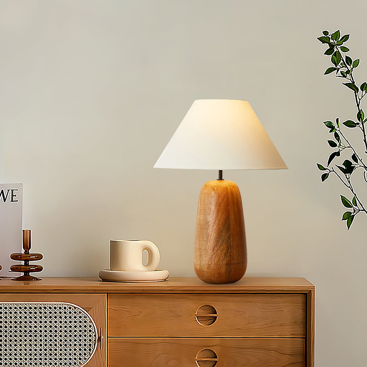 Irving Wood Table Lamp - Sculptural Organic Timber Base & Tapered Fabric Shade Accent Light