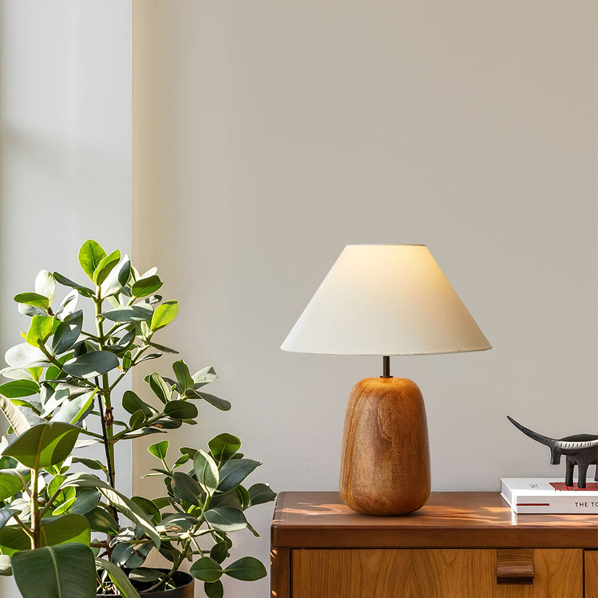 Irving Wood Table Lamp - Sculptural Organic Timber Base & Tapered Fabric Shade Accent Light