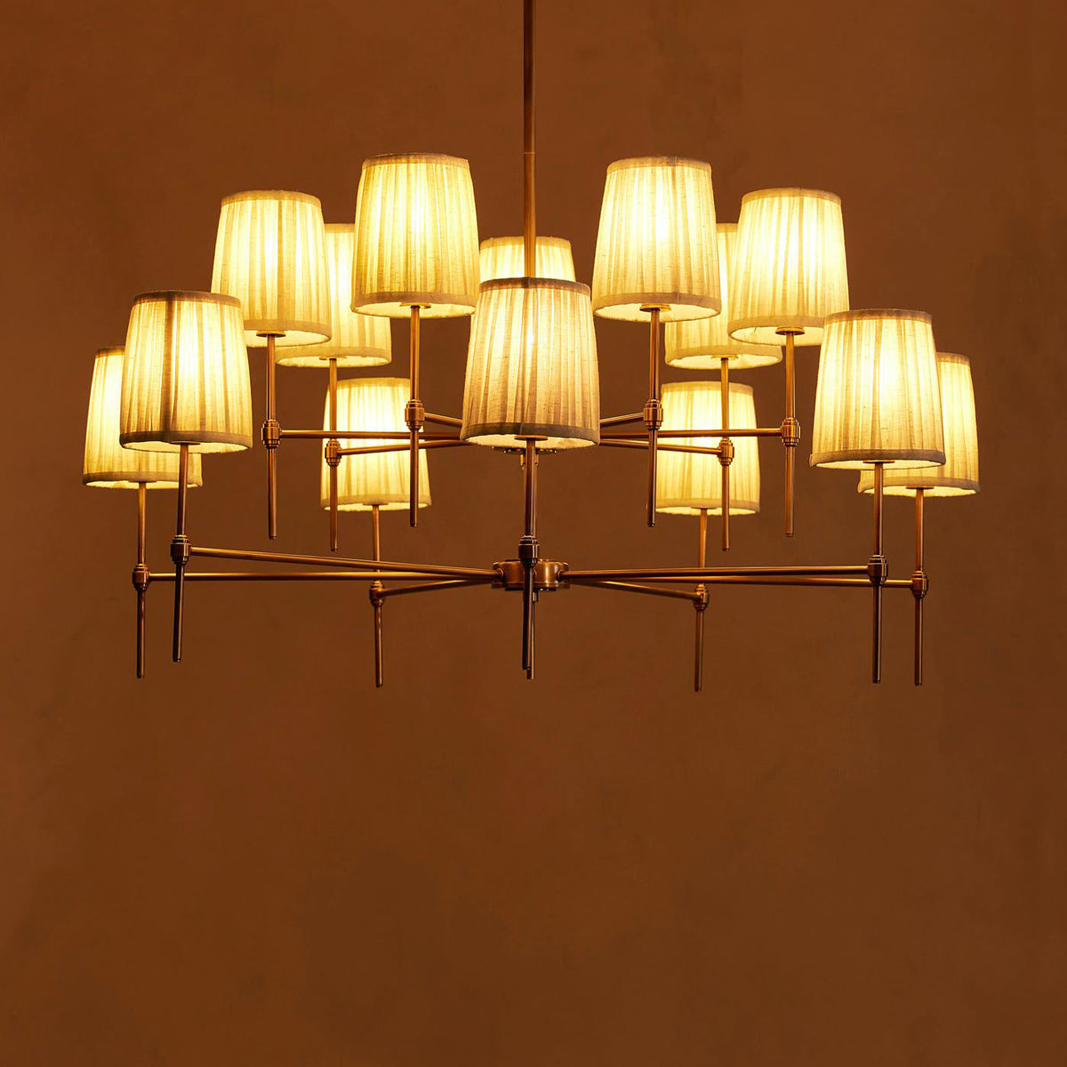 Isobella Chandelier - Two-Tier 14-Light Pleated Linen & Brass Country House Pendant
