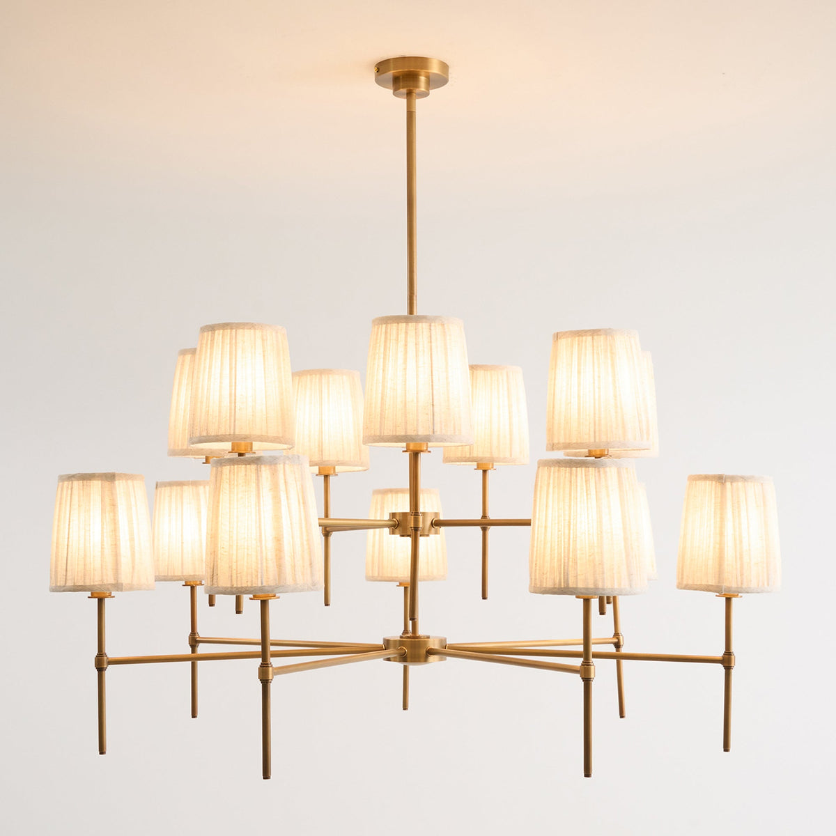 Isobella Chandelier - Two-Tier 14-Light Pleated Linen & Brass Country House Pendant