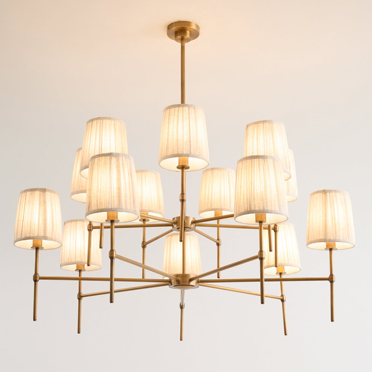 Isobella Chandelier - Two-Tier 14-Light Pleated Linen & Brass Country House Pendant