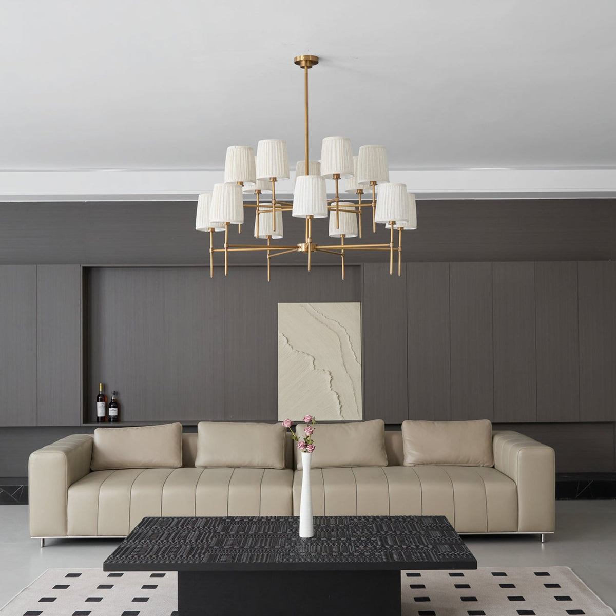 Isobella Chandelier - Two-Tier 14-Light Pleated Linen & Brass Country House Pendant