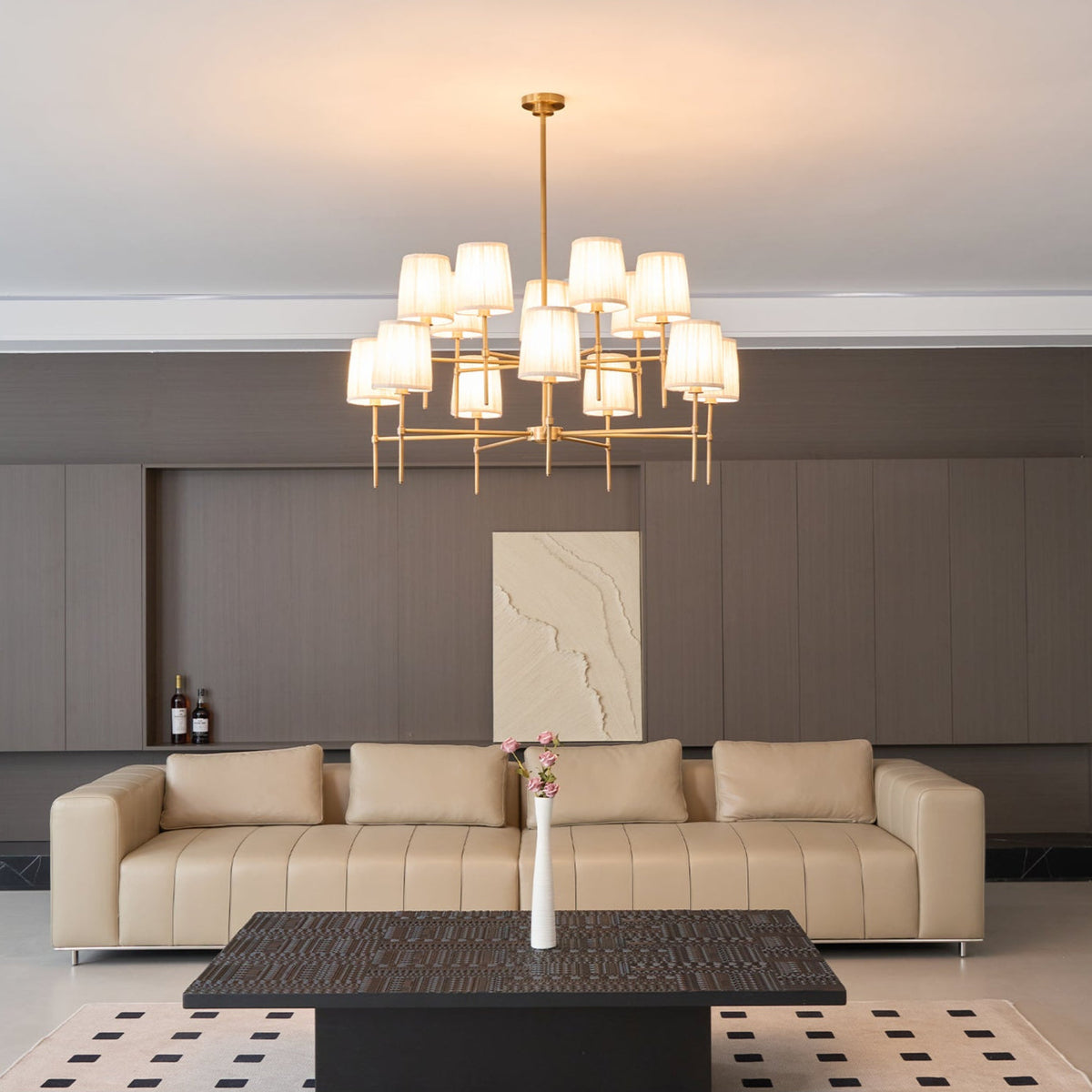 Isobella Chandelier - Two-Tier 14-Light Pleated Linen & Brass Country House Pendant