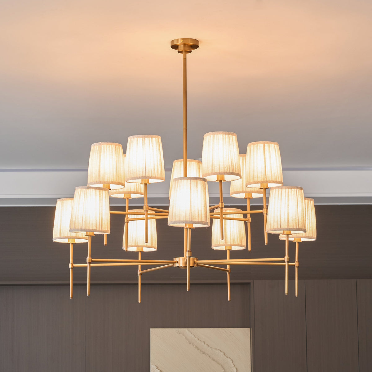 Isobella Chandelier - Two-Tier 14-Light Pleated Linen & Brass Country House Pendant