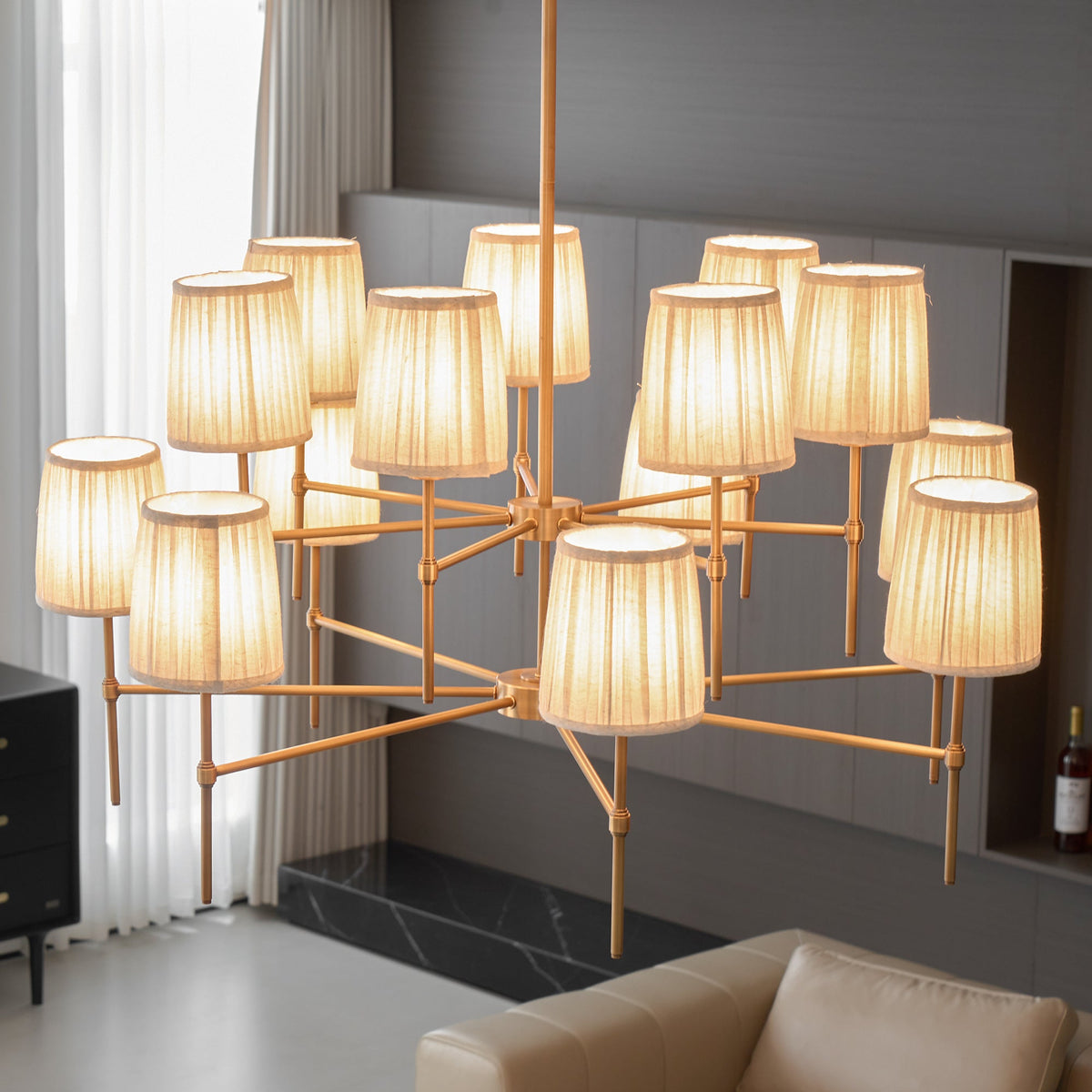 Isobella Chandelier - Two-Tier 14-Light Pleated Linen & Brass Country House Pendant