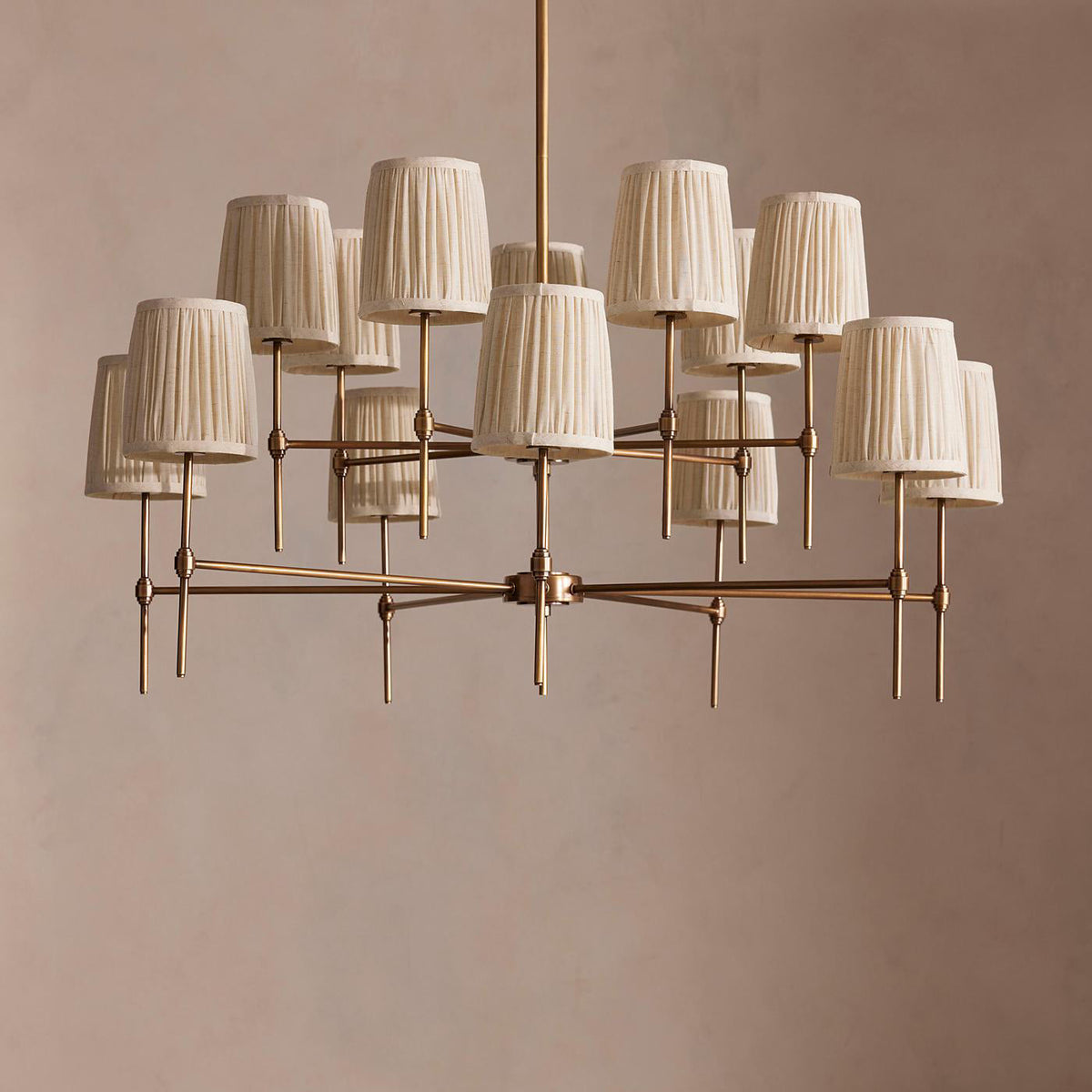 Isobella Chandelier - Two-Tier 14-Light Pleated Linen & Brass Country House Pendant
