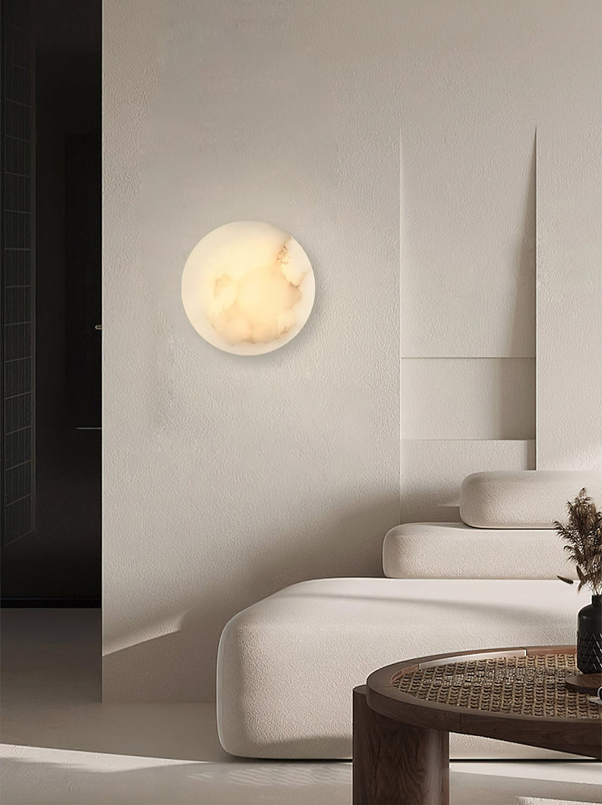 Iveala Single Alabaster Wall Lamp - Natural Spanish Alabaster Circle & Antique Brass LED Sconce