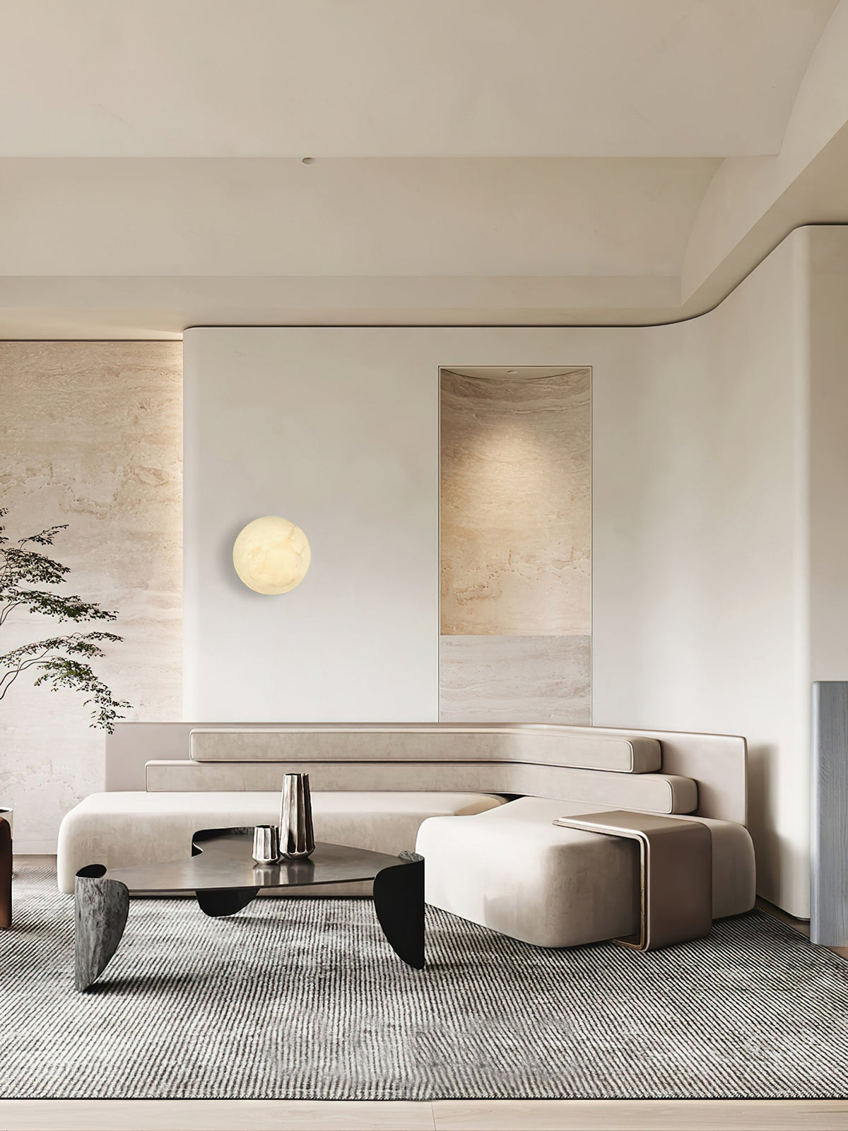 Iveala Single Alabaster Wall Lamp - Natural Spanish Alabaster Circle & Antique Brass LED Sconce