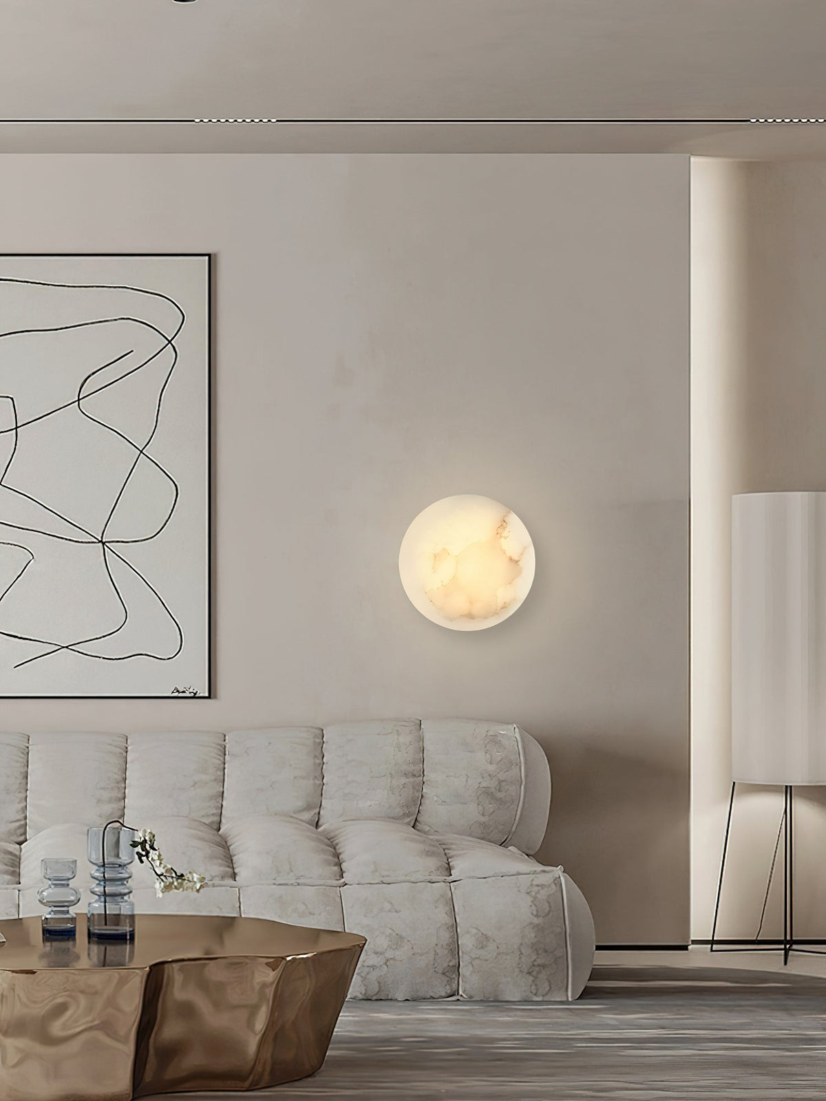 Iveala Single Alabaster Wall Lamp - Natural Spanish Alabaster Circle & Antique Brass LED Sconce
