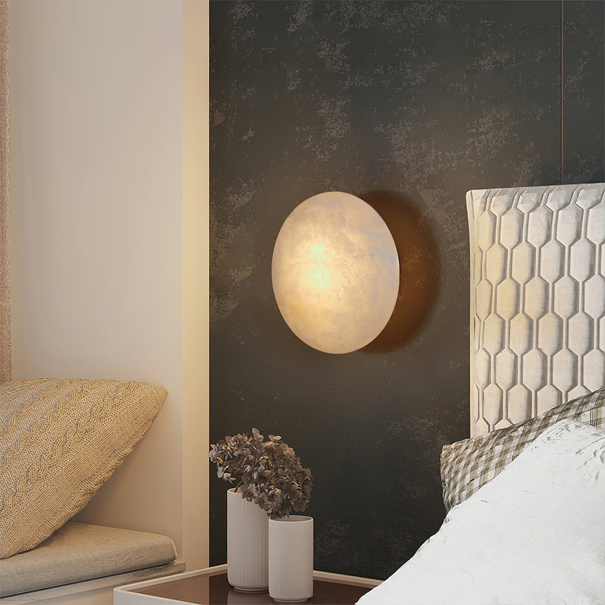 Iveala Single Alabaster Wall Lamp - Natural Spanish Alabaster Circle & Antique Brass LED Sconce