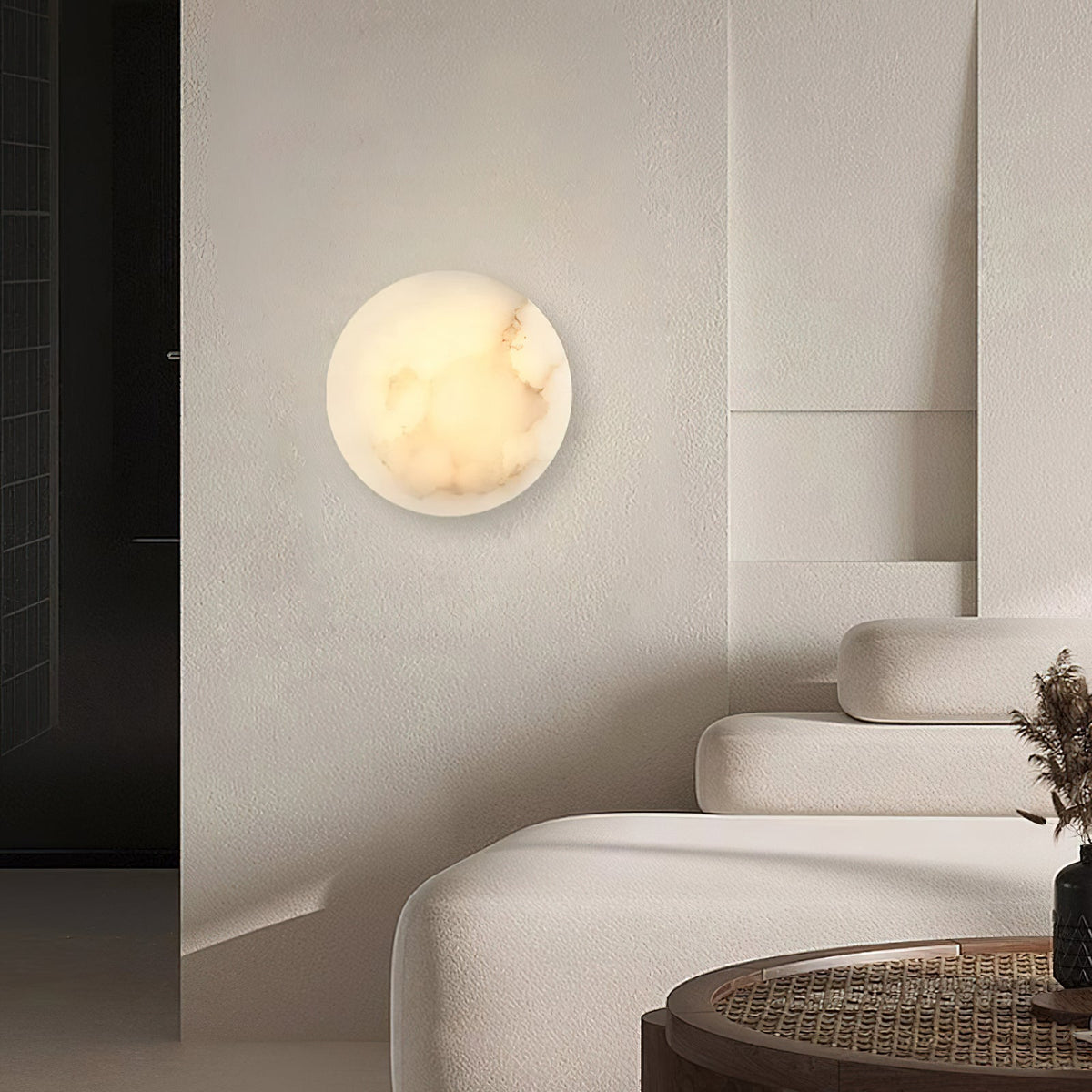 Iveala Single Alabaster Wall Lamp - Natural Spanish Alabaster Circle & Antique Brass LED Sconce