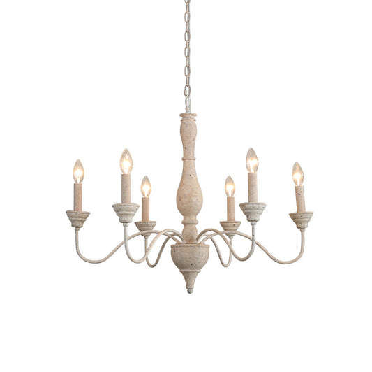 Izuell Candle Chandelier - Hand-Carved Distressed Wood 6-Light Country Candle Pendant
