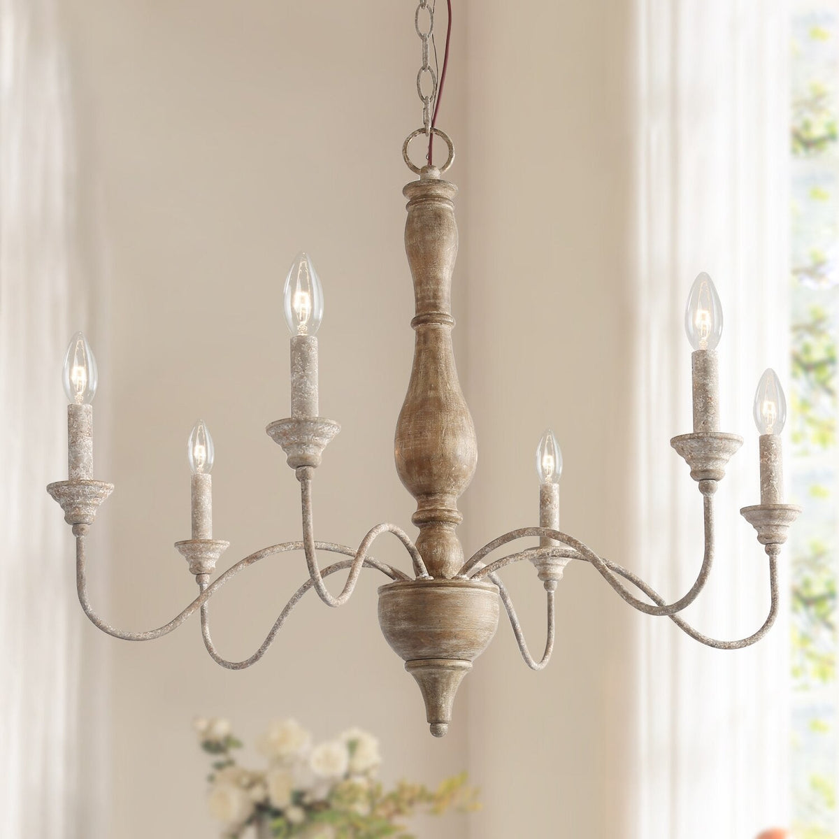 Izuell Candle Chandelier - Hand-Carved Distressed Wood 6-Light Country Candle Pendant