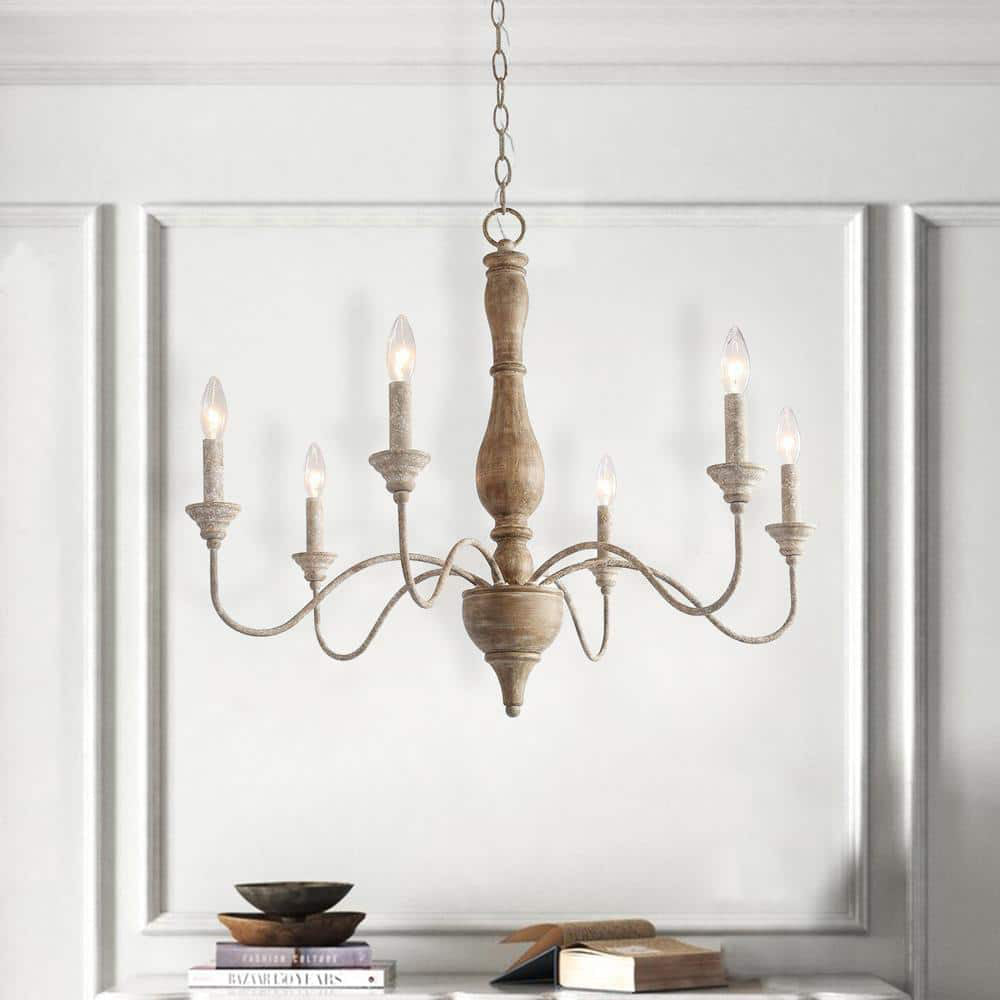 Izuell Candle Chandelier - Hand-Carved Distressed Wood 6-Light Country Candle Pendant
