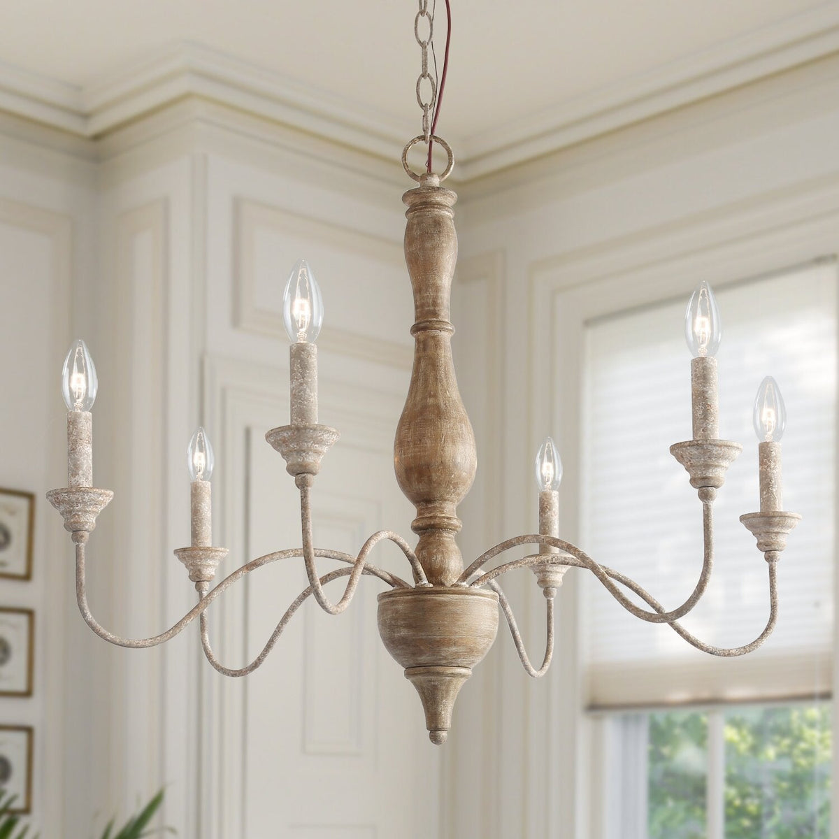 Izuell Candle Chandelier - Hand-Carved Distressed Wood 6-Light Country Candle Pendant