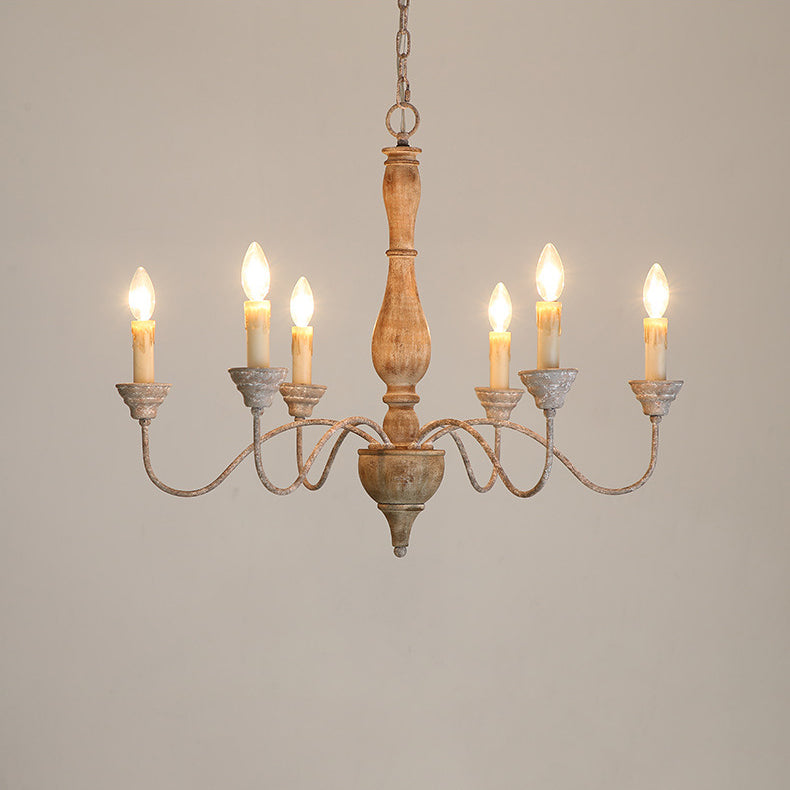 Izuell Candle Chandelier - Hand-Carved Distressed Wood 6-Light Country Candle Pendant