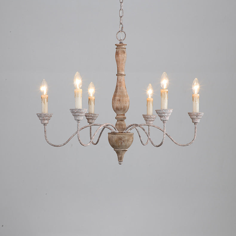 Izuell Candle Chandelier - Hand-Carved Distressed Wood 6-Light Country Candle Pendant