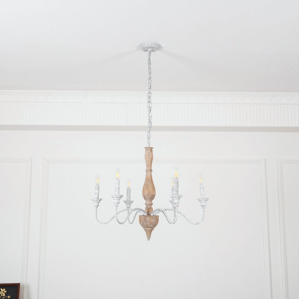 Izuell Candle Chandelier - Hand-Carved Distressed Wood 6-Light Country Candle Pendant