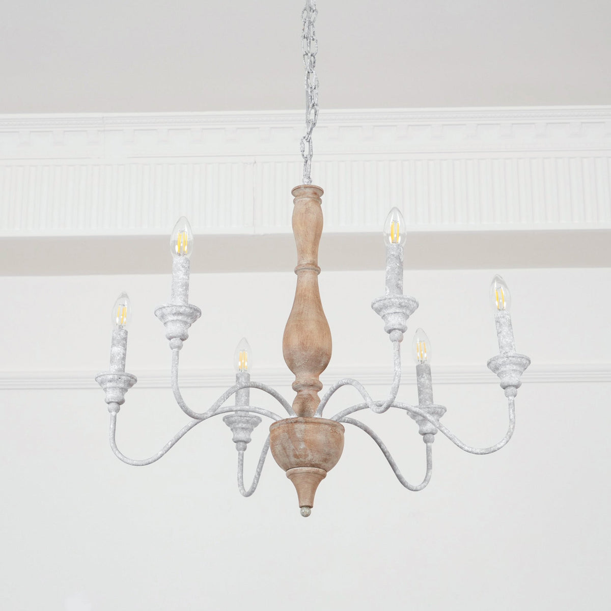Izuell Candle Chandelier - Hand-Carved Distressed Wood 6-Light Country Candle Pendant