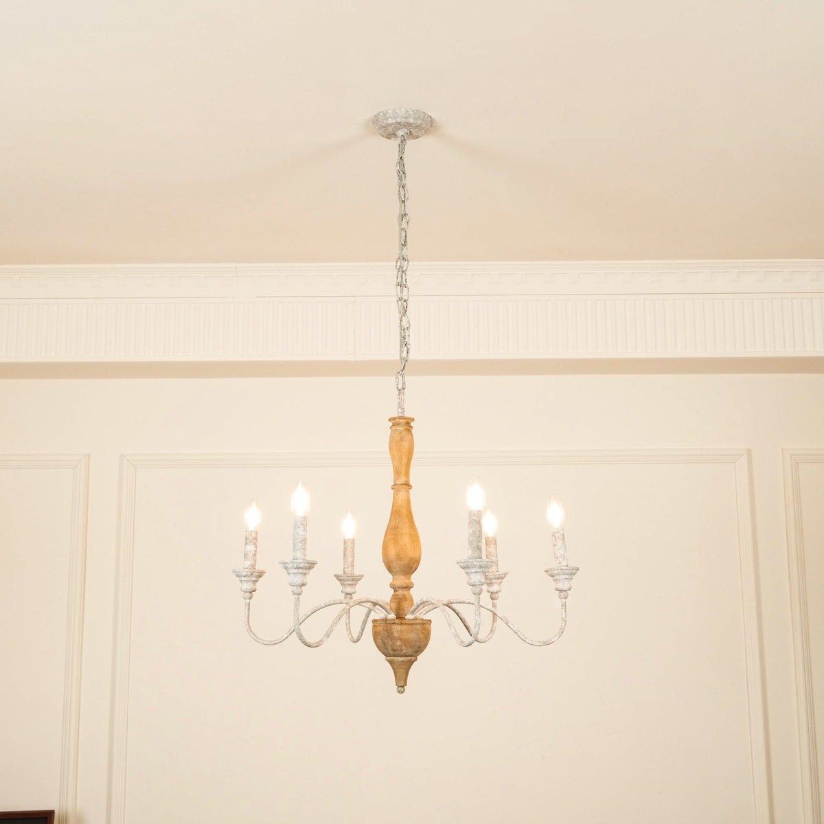 Izuell Candle Chandelier - Hand-Carved Distressed Wood 6-Light Country Candle Pendant