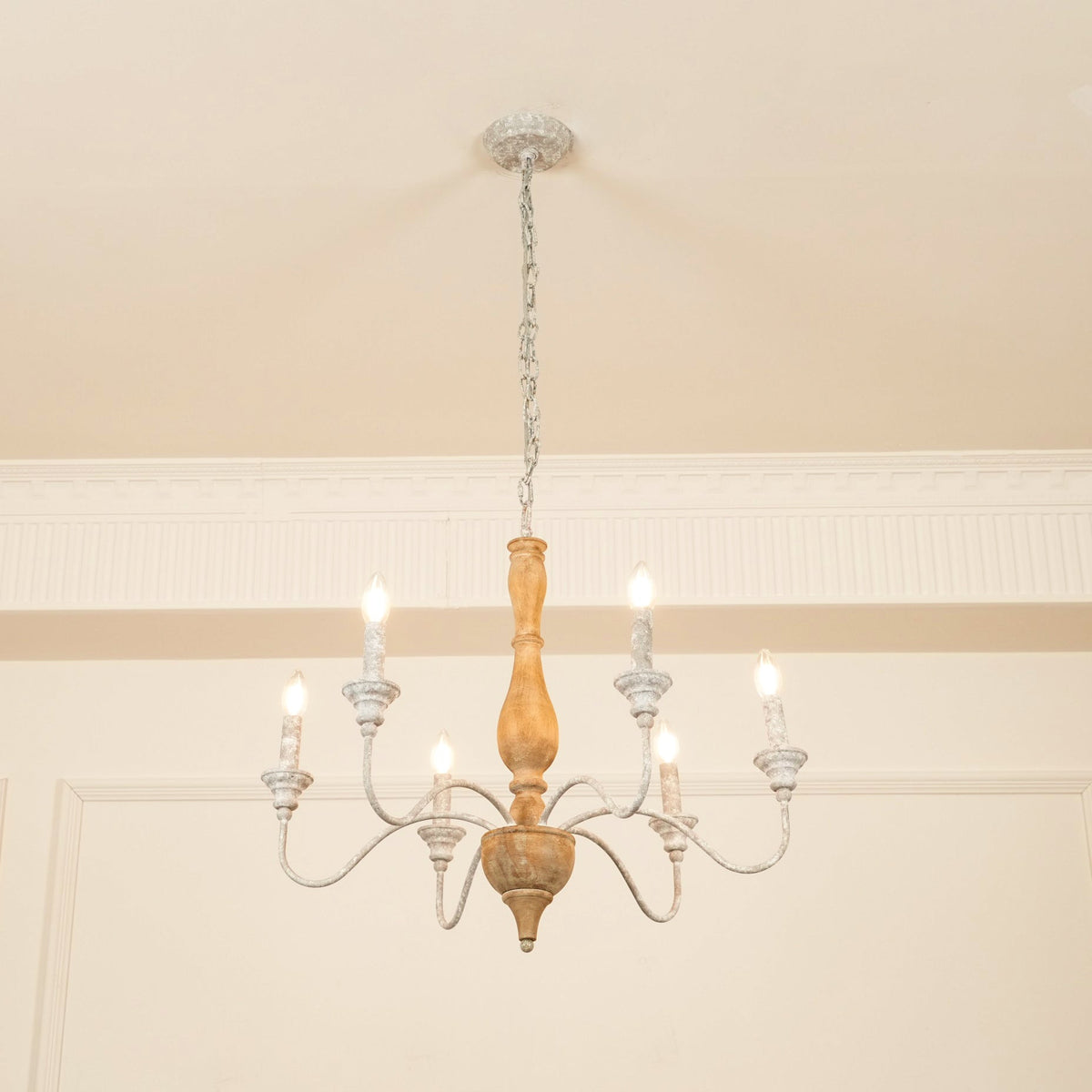 Izuell Candle Chandelier - Hand-Carved Distressed Wood 6-Light Country Candle Pendant