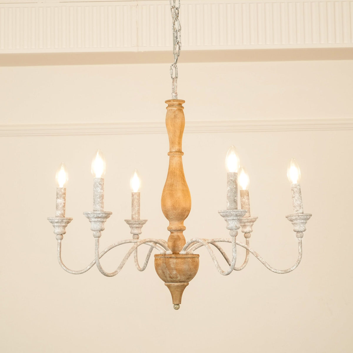 Izuell Candle Chandelier - Hand-Carved Distressed Wood 6-Light Country Candle Pendant
