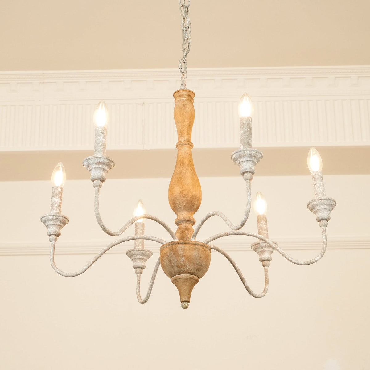 Izuell Candle Chandelier - Hand-Carved Distressed Wood 6-Light Country Candle Pendant
