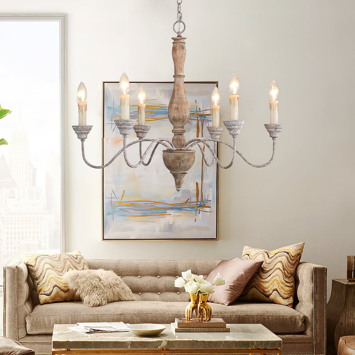 Izuell Candle Chandelier - Hand-Carved Distressed Wood 6-Light Country Candle Pendant