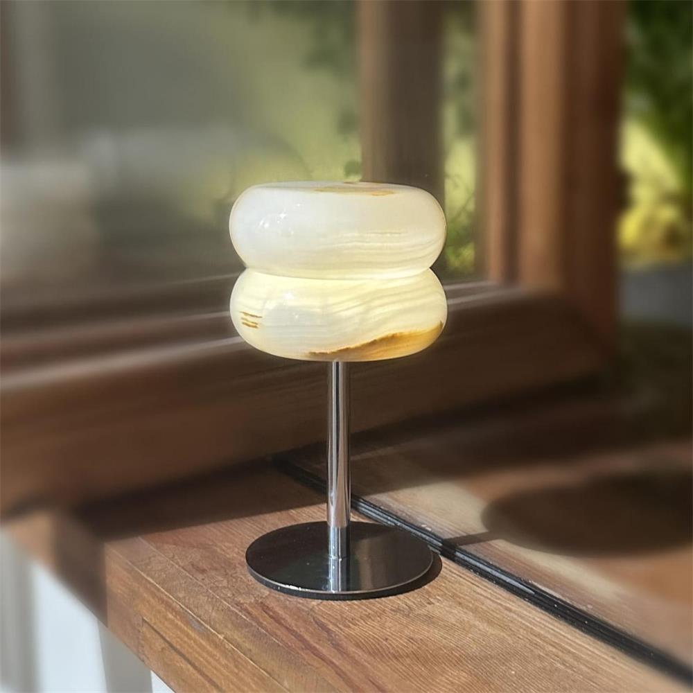 Jade Donut Table Lamp - Modern Chrome & Natural Alabaster Donut LED Accent Light