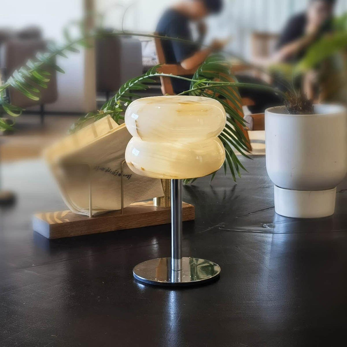 Jade Donut Table Lamp - Modern Chrome & Natural Alabaster Donut LED Accent Light