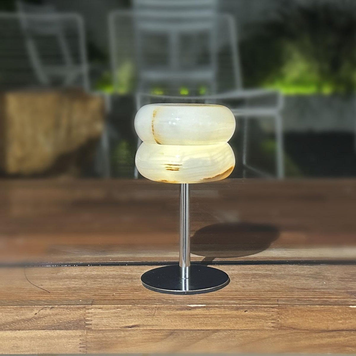 Jade Donut Table Lamp - Modern Chrome & Natural Alabaster Donut LED Accent Light