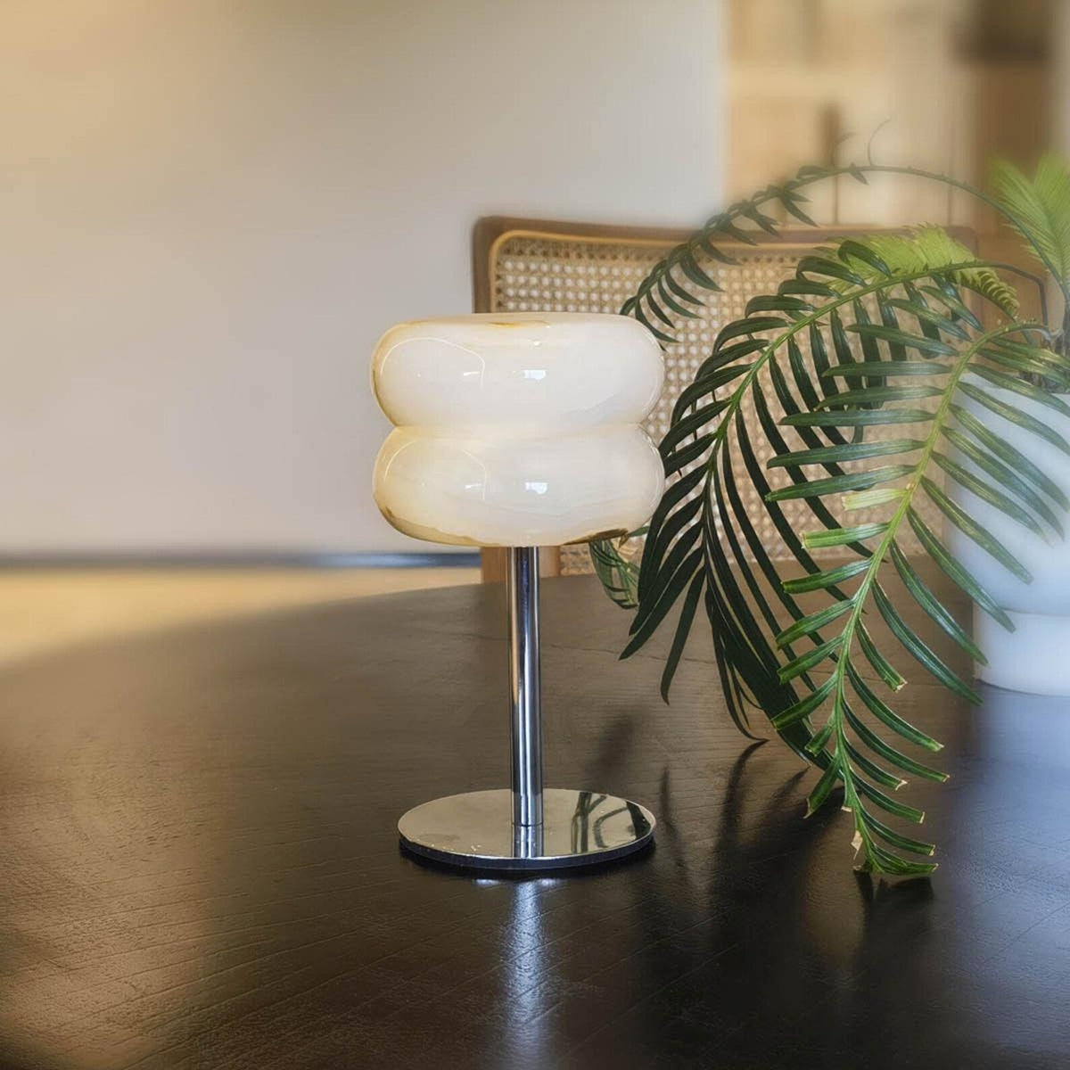 Jade Donut Table Lamp - Modern Chrome & Natural Alabaster Donut LED Accent Light