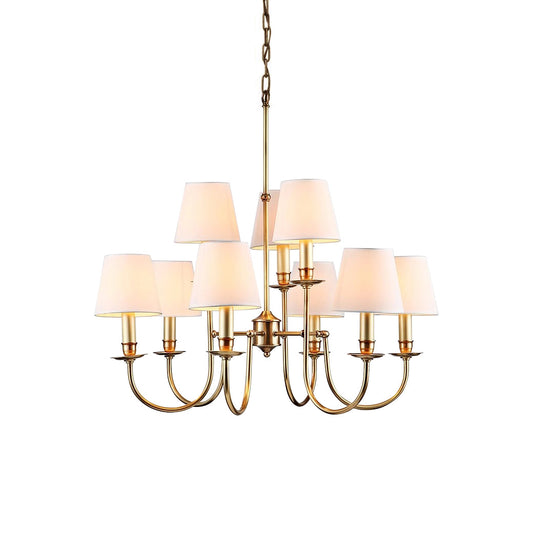 Jeremiah Vintage Brass Chandelier - Antiqued Brass & Off-White Silk Shade Ring Chandelier
