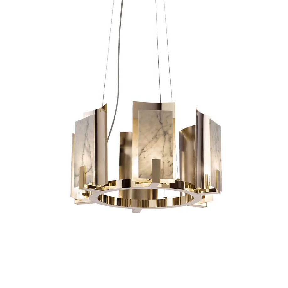 Jessie Alabaster Round Chandelier - Gold-Plated Stainless Steel & Spanish Alabaster Tiered Ring Pendant