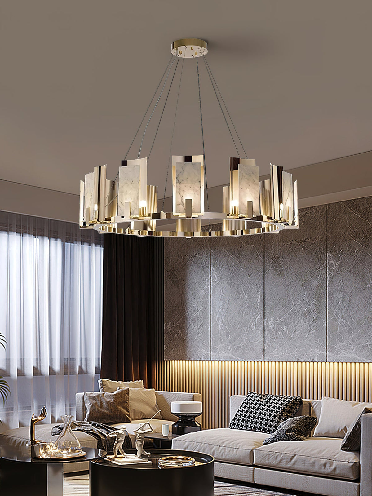Jessie Alabaster Round Chandelier - Gold-Plated Stainless Steel & Spanish Alabaster Tiered Ring Pendant