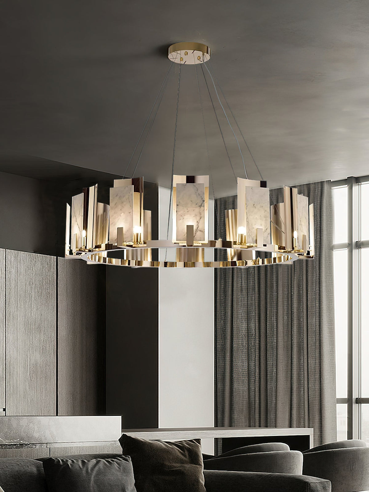 Jessie Alabaster Round Chandelier - Gold-Plated Stainless Steel & Spanish Alabaster Tiered Ring Pendant