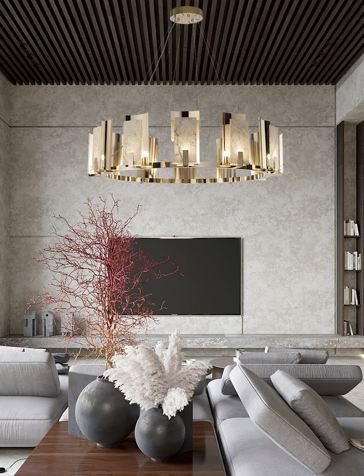 Jessie Alabaster Round Chandelier - Gold-Plated Stainless Steel & Spanish Alabaster Tiered Ring Pendant