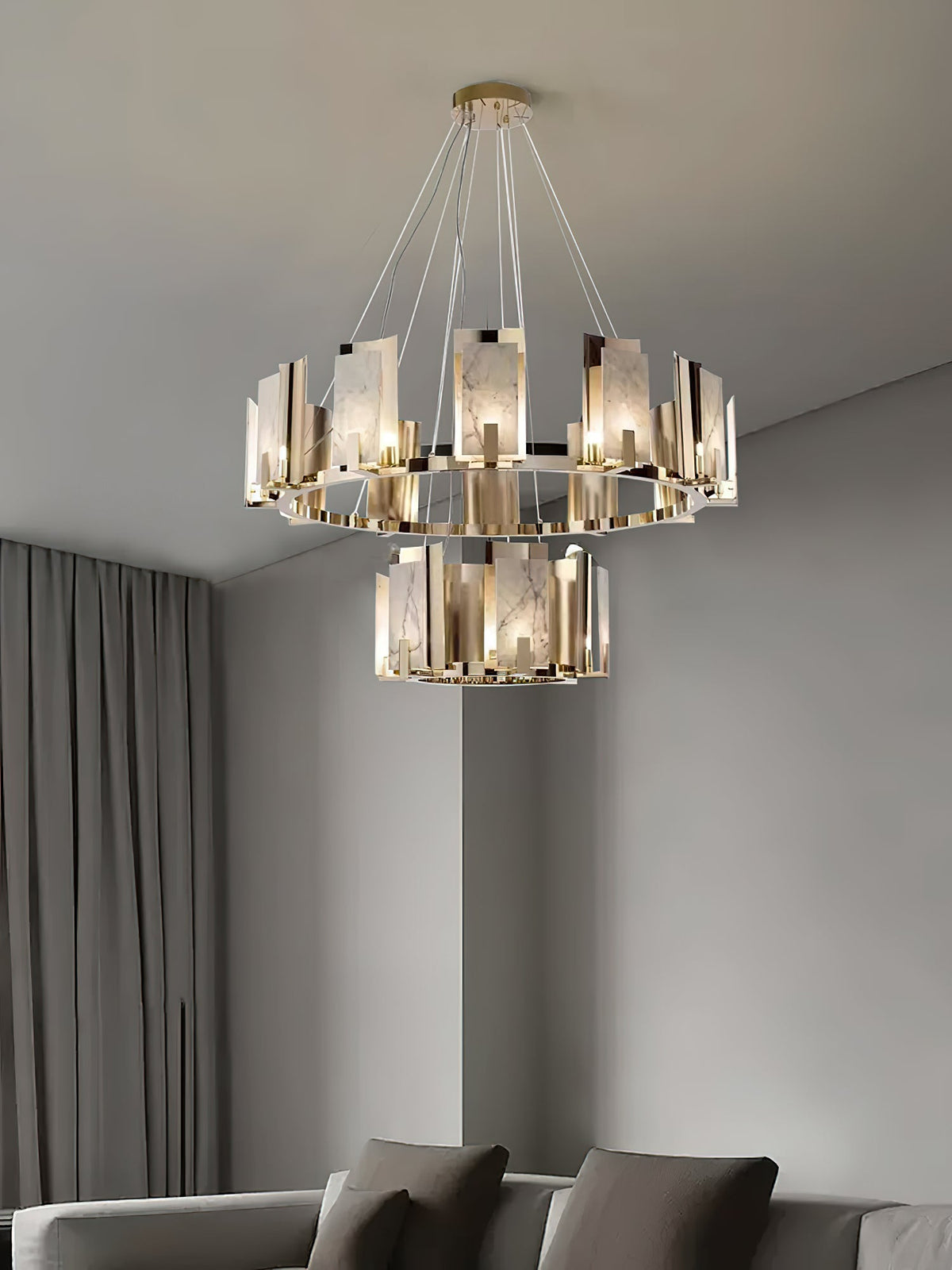 Jessie Alabaster Round Chandelier - Gold-Plated Stainless Steel & Spanish Alabaster Tiered Ring Pendant