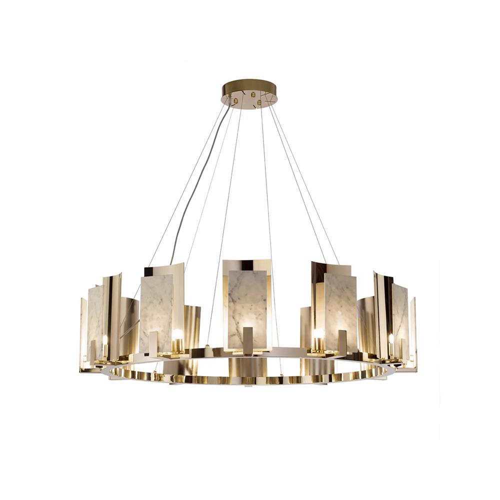 Jessie Alabaster Round Chandelier - Gold-Plated Stainless Steel & Spanish Alabaster Tiered Ring Pendant
