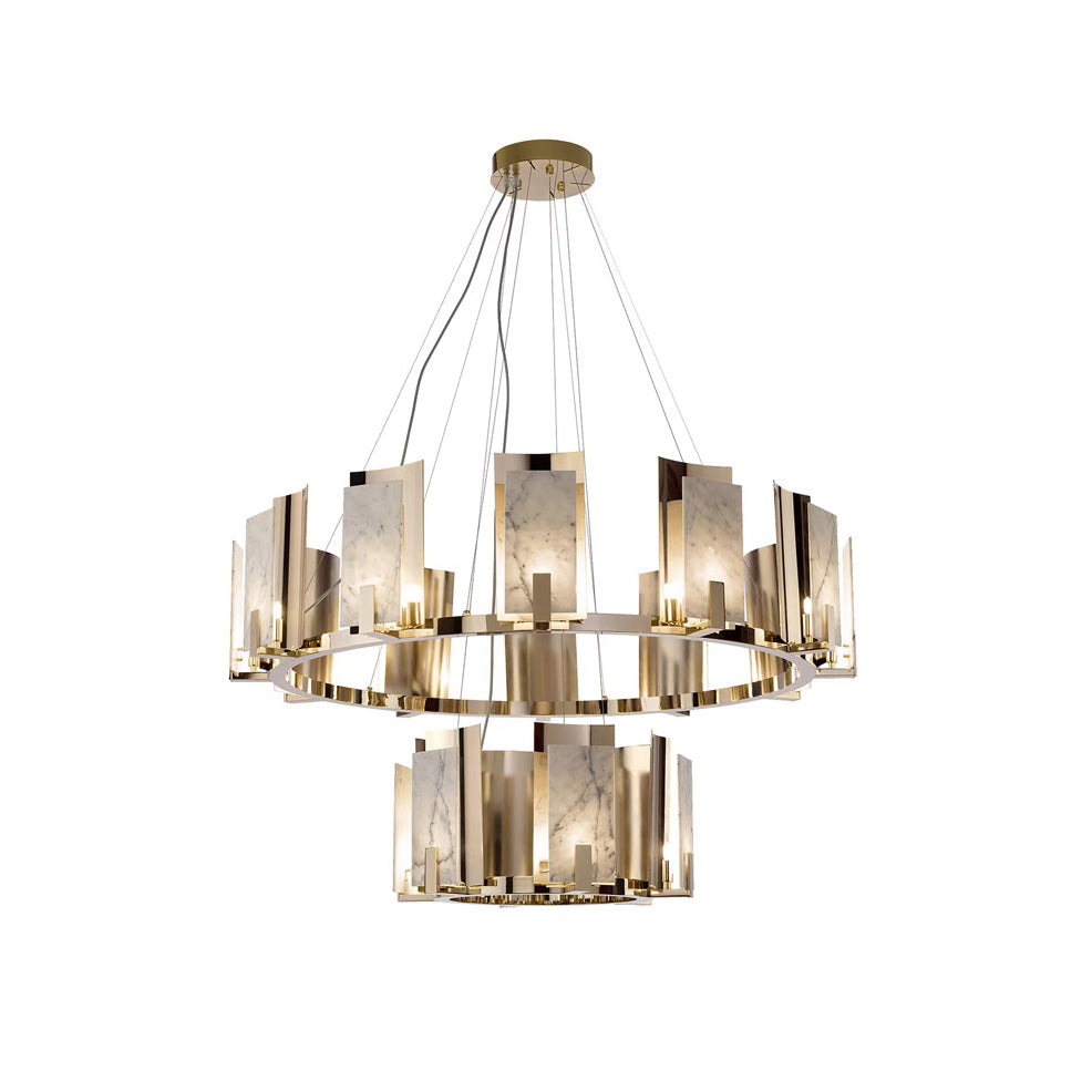 Jessie Alabaster Round Chandelier - Gold-Plated Stainless Steel & Spanish Alabaster Tiered Ring Pendant