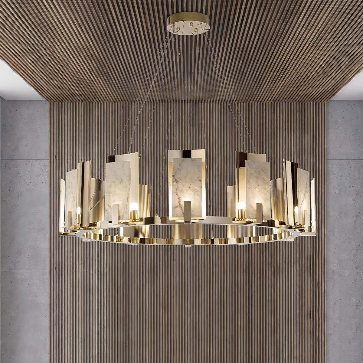 Jessie Alabaster Round Chandelier - Gold-Plated Stainless Steel & Spanish Alabaster Tiered Ring Pendant