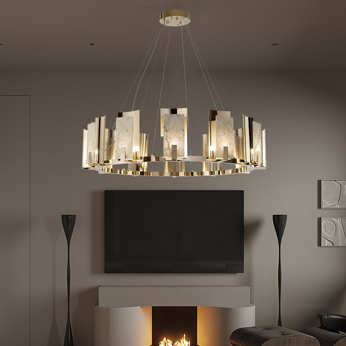 Jessie Alabaster Round Chandelier - Gold-Plated Stainless Steel & Spanish Alabaster Tiered Ring Pendant