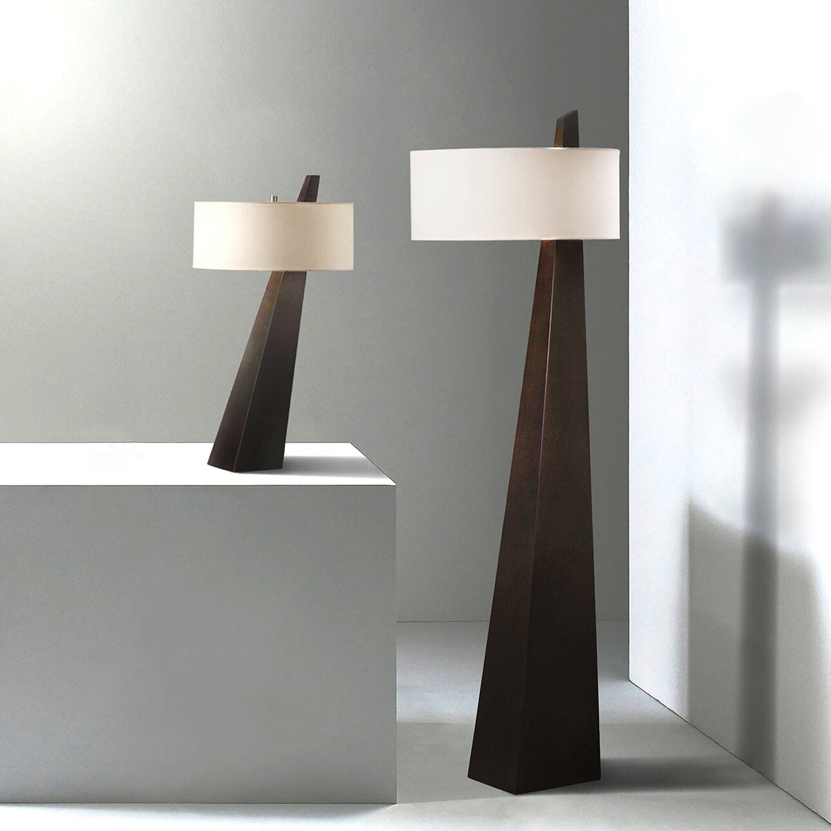 Jett Obelisk Floor Lamp - Tapered Pyramid Iron Base & Asymmetric Linen Drum Shade Light