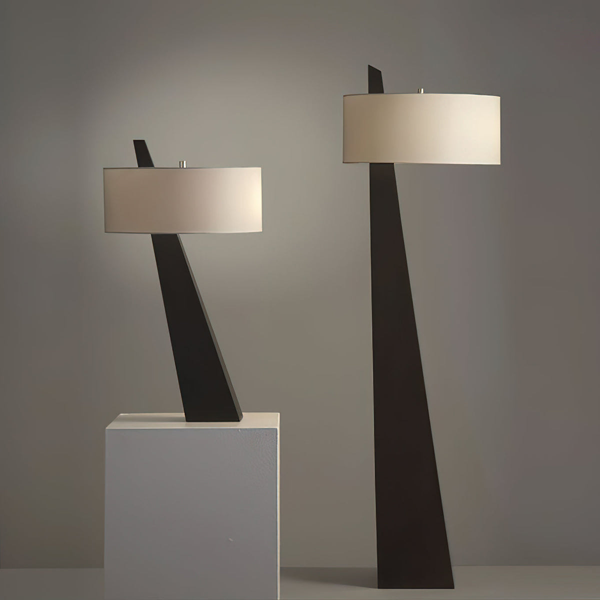 Jett Obelisk Floor Lamp - Tapered Pyramid Iron Base & Asymmetric Linen Drum Shade Light
