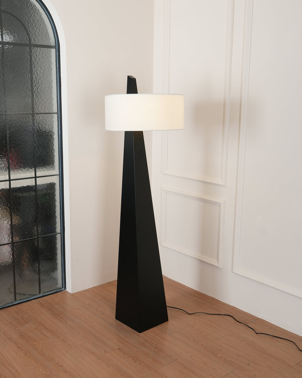 Jett Obelisk Floor Lamp - Tapered Pyramid Iron Base & Asymmetric Linen Drum Shade Light