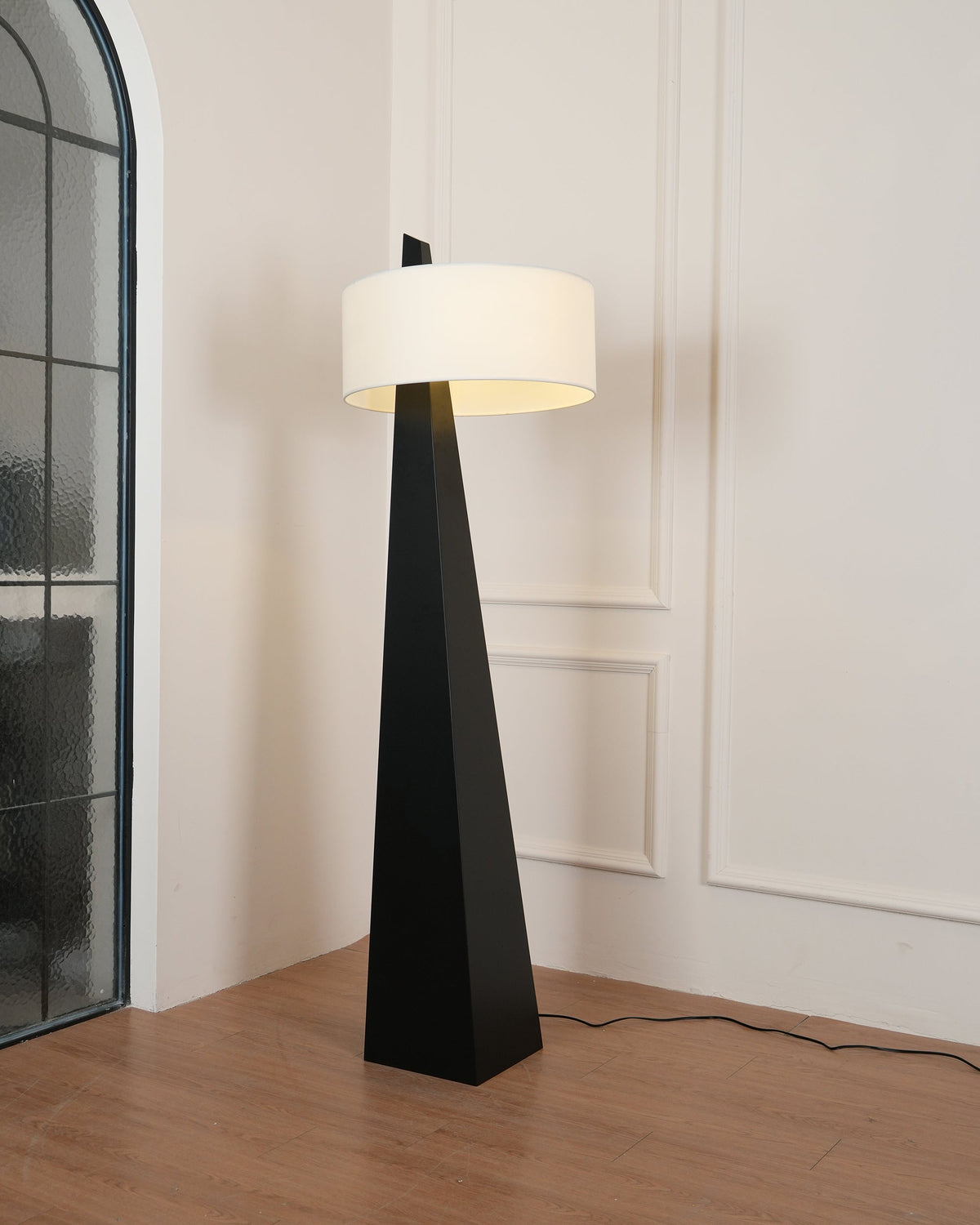 Jett Obelisk Floor Lamp - Tapered Pyramid Iron Base & Asymmetric Linen Drum Shade Light